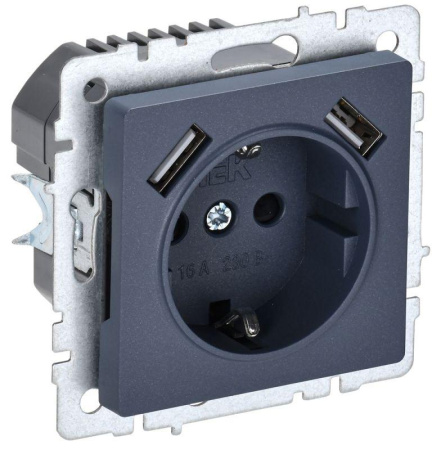 Розетка BRITE РЮш10-1-БрМ 16А с USB A+A 2.1А с заземл. защ. шторки механизм маренго  BR-R14-16-U21-D21-K35
