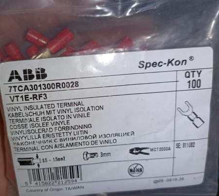 Наконечник вилочный медный виниловая изоляция VT1E-RF3 красн. (уп.100шт)  7TCA301300R0028