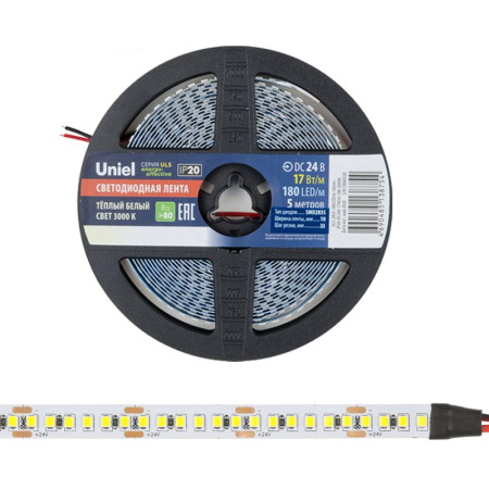 Лента светодиодная ULS-2835-180LED/m-10mm-IP20-DC24V-17W/m-5M-3000K 17Вт/м 180LED/м 3000К тепл. бел. IP20 24В DC 10мм гибкая на самоклеящейся основе герметичн. упак. (уп.5м)  UL-00007642