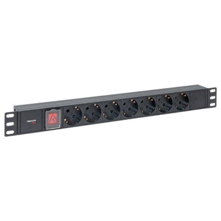 Блок PDU TERACOM PRO 19дюйм 1U 10А 250В 7-м Schuko с выкл. без шнура питания вх. разъем C14 алюм. черн.  TRP-HPD-LS-10A-7SH-C14