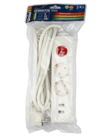Удлинитель 2х3м с заземл. Standart S-GCD2-3BU White 2хUSB 2.1А бел.  UL-00006677