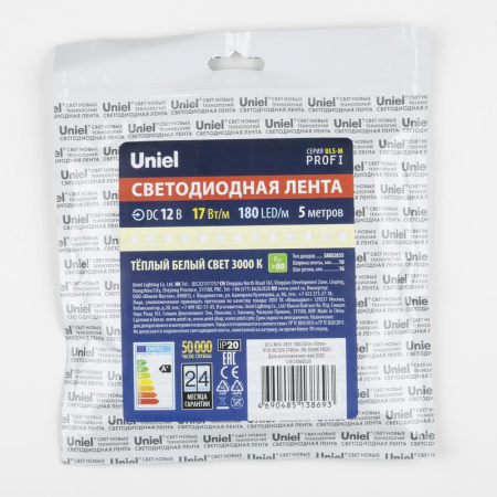 Лента светодиодная ULS-M16-2835-180LED/m-10mm-IP20-DC12V-17W/m-5M-3000K PROFI 17Вт/м 180LED/м 3000К тепл. бел. IP20 12В DC 10мм гибкая на самоклеящейся основе герметичн. упак. (уп.5м)  UL-00007639