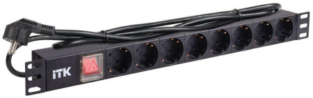 Блок розеток 8 мест PDU (немец. станд.) DIN49440 PH12-8D1 с LED выкл. алюм. профиль1U шнур 2м  PH12-8D1