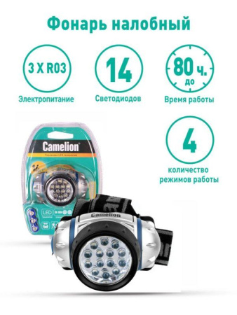 Фонарь налобный LED 5312-14F4 14LED 4 режима 3хR03 (в компл.) металлик  7536
