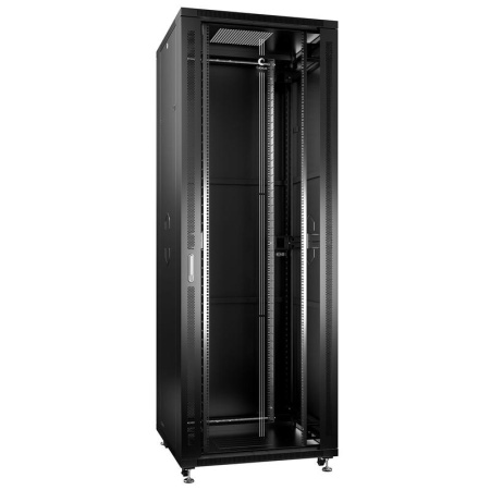 Шкаф монтажный телекоммуникационный напольный SH-05C-47U80/100-BK 19дюйм 47U 800х1000х2277мм (ШхГхВ) для распред. и серверного оборудования перед. стекл. и задняя сплошная метал. двери ручка с замком (RAL 9004) черн.  8547c