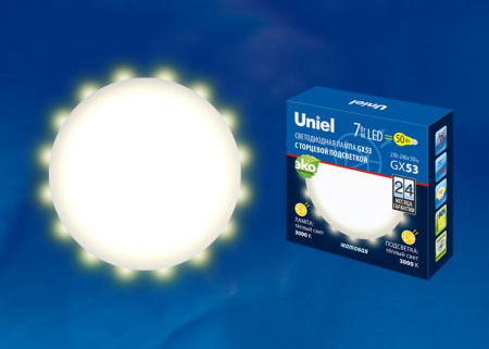 Лампа светодиодная LED-GX53-7W/3000K+3000K/GX53/FR PLB02WH 7Вт матовая 3000К тепл. бел. GX53 торц. подсветка (упак. картон)  UL-00006497