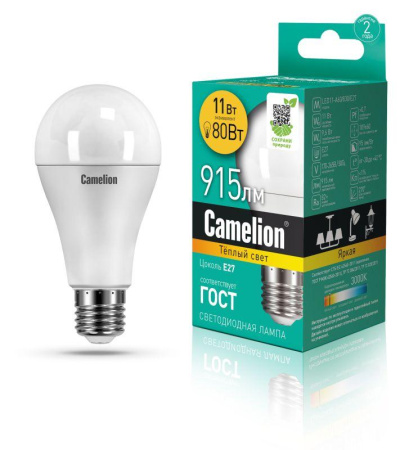 Лампа светодиодная LED11-A60/830/E27 11Вт грушевидная матовая 3000К тепл. бел. E27 915лм 170-265В  12035