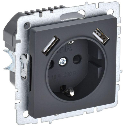 Розетка BRITE РЮш10-1-БрГ 16А с USB A+A 2.1А с заземл. защ. шторки механизм графит  BR-R14-16-U21-D21-K53