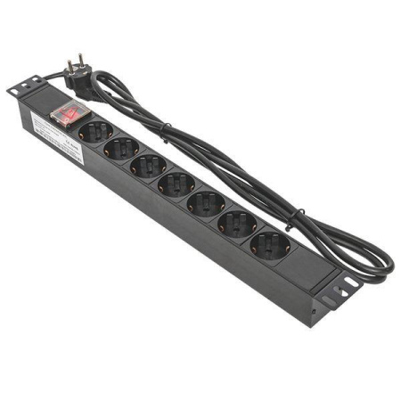 Блок PDU TERACOM 19дюйм 1U 16А/250В 7 роз. Schuko с выключат. шнур 2м 3х1.5кв.мм вилка Schuko корпус пластик черн.  TRC-HPD-LS-16A-7SH-2MSH
