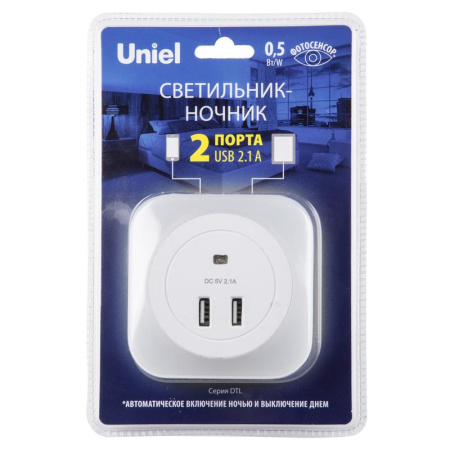 Светильник ночник DTL-321 White/Sensor/2USB с фотосенсором (день-ночь) 2USB бел.  UL-00007348