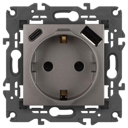 Розетка ЭРА Elegance 14-4108-16 2P+E 16A-250В со шторками с USB type-A+C 5В-3А титан  Б0067695