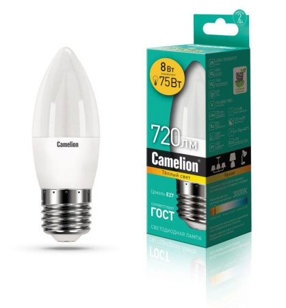 Лампа светодиодная LED8-C35/830/E27 8Вт свеча 3000К тепл. бел. E27 720лм 170-265В  12389