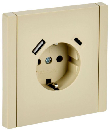 Розетка FORTE&PIANO FP447 16А USB A+C 18Вт с заземл. защ. штроки винт. крепл. ваниль  FP-R14-16-U22-018-K10