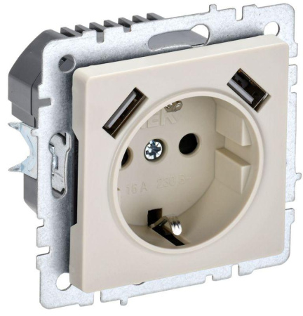 Розетка BRITE РЮш10-2-БрКр 16А с USB A+A 3.1А с заземл. защ. шторки механизм беж.  BR-R14-16-U21-D31-K10