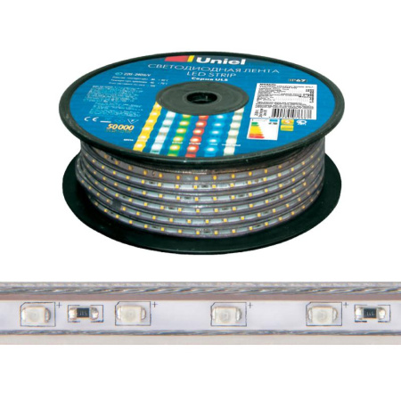 Лента светодиодная ULS-2835-120LED/m-10mm-IP67-220V-10W/m-50M-6500K 10Вт/м 120LED/м 6500К холод. бел. IP67 220В 10мм гибкая герметичная (уп.50м)  UL-00006480