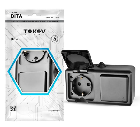 Блок ОП Dita (розетка 16А 250В с заземл. + 1-кл. выкл. 10А) IP54 карбон  TKL-DT-V1RZ-C14-IP54