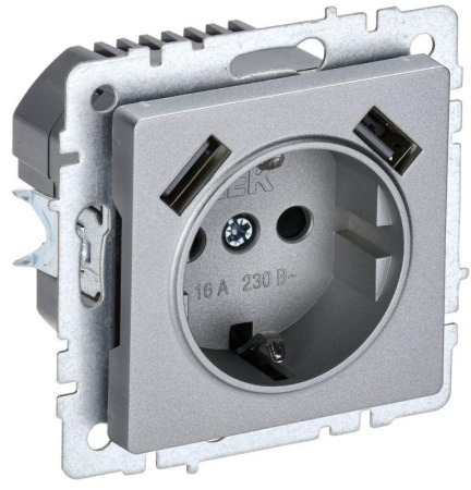 Розетка BRITE РЮш10-2-БрА 16А с USB A+A 3.1А с заземл. защ. шторки механизм алюм.  BR-R14-16-U21-D31-K47