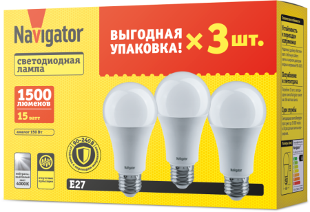 Лампа светодиодная 95 321 NLL-A60-15-230-4K-E27-PACK3  95321