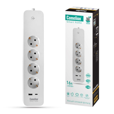 Фильтр сетевой умный Smart Home SZD/SH/4х1.5/WIFI 4гн.1.5м 16А 4000В USB+Type-С WiFi+Счетчик  14800