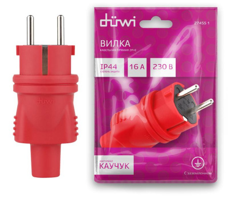 Вилка каучуковая прямая с/з 16А 230В IP44 красн.  27455 1