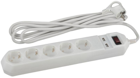 Удлинитель с сетевым фильтром 5х1.5м с заземл. 10А IP20 2хUSB ПВС 3х0.75 с выкл. бел.  Б0019037