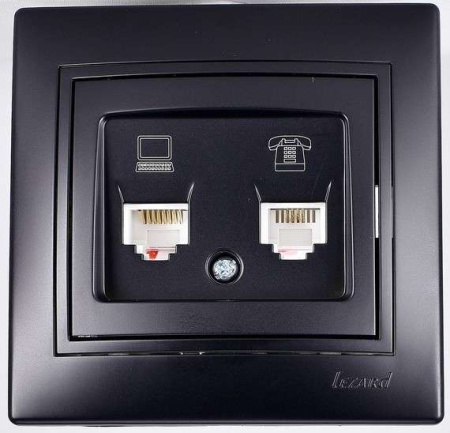 Розетка компьютерная + телефонная 2-м Mira RJ45 + RJ11 со вставкой черн. бархат  701-4242-143