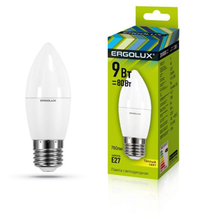 Лампа светодиодная LED-C35-9W-E27-3К Свеча 9Вт E27 3000К 172-265В  13170