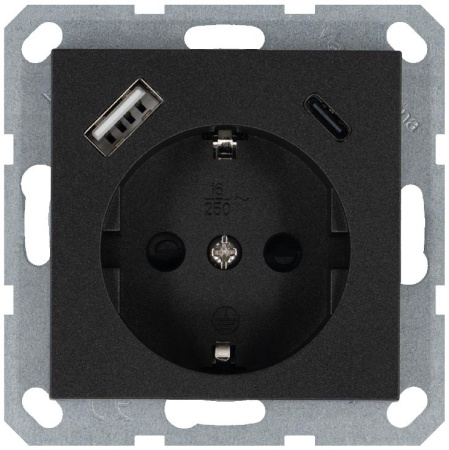 Розетка Shuko 16А с заземл. защ. шторки с 2-мя заряд. устройствами USB тип A+C 25Вт механизм антрацит  G5501USB-25B
