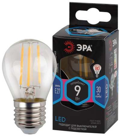 Лампа светодиодная филаментная F-LED P45-9W-840-E27 9Вт P45 шар 4000К нейтр. бел. E27  Б0047029