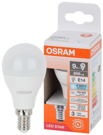 Лампа светодиодная LED Star 9Вт 6500К холод. бел. E14 806лм P угол пучка 180град. 170-250В (замена 75Вт) матов. пластик OSRAM 4058075696204