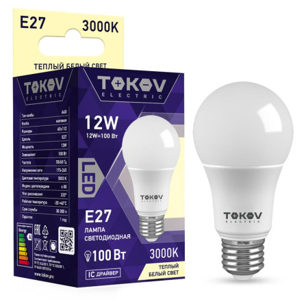 Лампа светодиодная 12Вт А60 3000К Е27 176-264В  TKE-A60-E27-12-3K