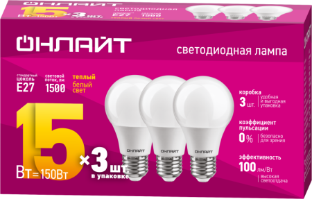 Лампа светодиодная 90 606 OLL-A60-15-230-2.7K-E27-PACK3  90606
