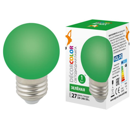 Лампа светодиодная LED-G45-1W/GREEN/E27/FR/С 1Вт шар матовая зел. E27 декоративная (упак. картон)  UL-00005648