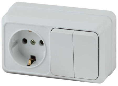 Блок розетка+выкл. ОП Quadro 2-702-01 двойн. гориз. 10(16)А-250В IP20 бел.  Б0053873