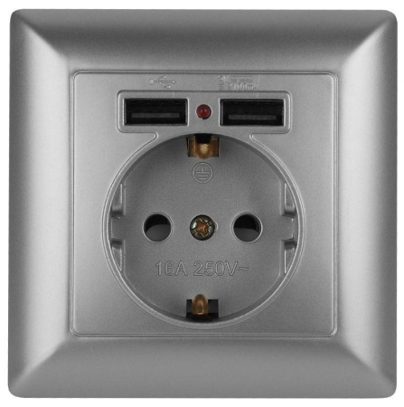 Розетка 1-м СП Solo 4-410-03 P+E Schuko 16А 250В + 2хUSB IP20 с заземл. защ. шторки алюм.  Б0053715