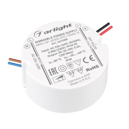 Блок питания ARPJ-SP-40300-PFC-TRIAC-R (12Вт 20-40В 300мА) IP65 пластик  047588