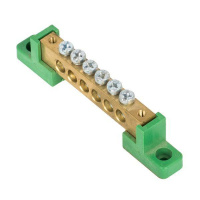 Шина нулевая PE 8х12 6 отвер. латунь с контактной пластиной 2 зел. угловых изолятора PROxima  sn0-125-06-2-pe