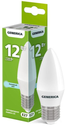Лампа светодиодная C35 12Вт свеча 6500К E27 230В  LL-C35-12-230-65-E27-G