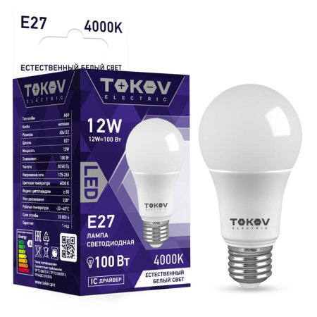 Лампа светодиодная 12Вт А60 4000К Е27 176-264В  TKE-A60-E27-12-4K