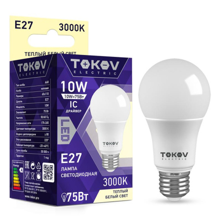 Лампа светодиодная 10Вт А60 3000К Е27 176-264В  TKE-A60-E27-10-3K
