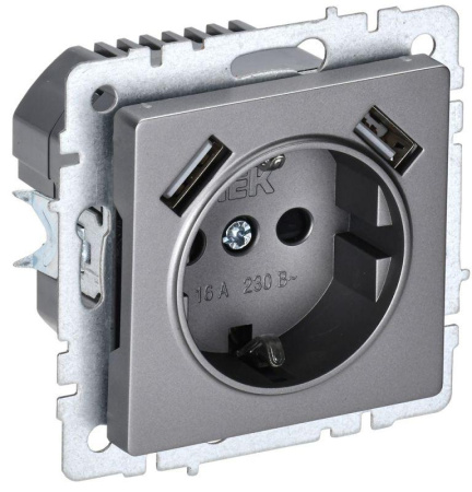 Розетка BRITE РЮш10-2-БрС 16А с USB A+A 3.1А с заземл. защ. шторки механизм сталь  BR-R14-16-U21-D31-K46