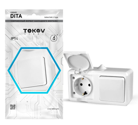 Блок ОП Dita (розетка 16А 250В с заземл. + 1-кл. выкл. 10А) IP54 бел.  TKL-DT-V1RZ-C01-IP54