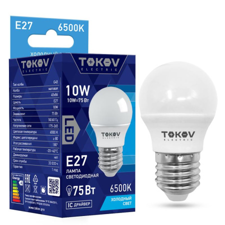 Лампа светодиодная 10Вт G45 6500К Е27 176-264В  TKE-G45-E27-10-6.5K