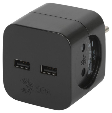 Разветвитель электрический SP-2-USB-B на 2 розетки 220В+ 2xUSB 2400мА без заземл 10А черн.  Б0049535
