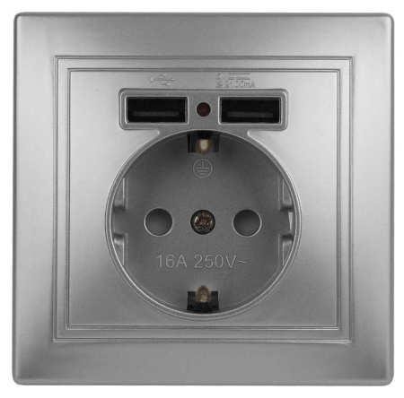 Розетка+USB СП IP20 Plano алюм. 1-410-03  Б0053944