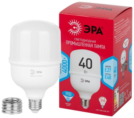 Лампа светодиодная высокомощная RED LINE LED POWER T100-40W-4000-E27/E40 R 40Вт Т100 колокол 4000К нейтр. бел. E27/E40 (переходник в компл.) 3900лм  Б0063852