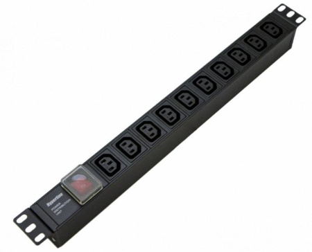 Блок розеток SHE19-10IEC-S-IEC для 19дюйм. шкафов горизонт. с выкл. с подсветкой 10хIEC 320 C13 10А 250В без кабеля питания входная розетка IEC 320 C14 482.6х44.4х44.4мм  426786