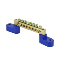 Шина нулевая N 6х9 8 отверстий 2 синих угловых изолятора латунь розн. стикер PROxima  sn0-63-08-2-r