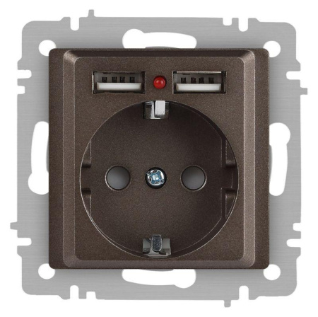 Розетка Accent 6-410-08 P+E Schuko со шторками 16А-250В + 2хUSB IP20 СУ бронза  Б0063704