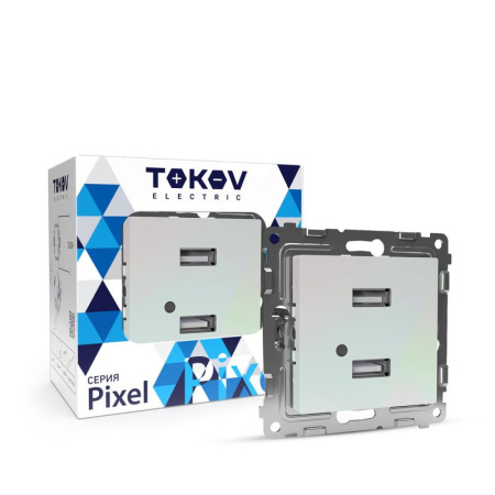 Розетка 2-м USB СП Pixel тип A+A 5В 1х2.1А 2х1.05А механизм перламутр.  TKE-PX-2USB-C04